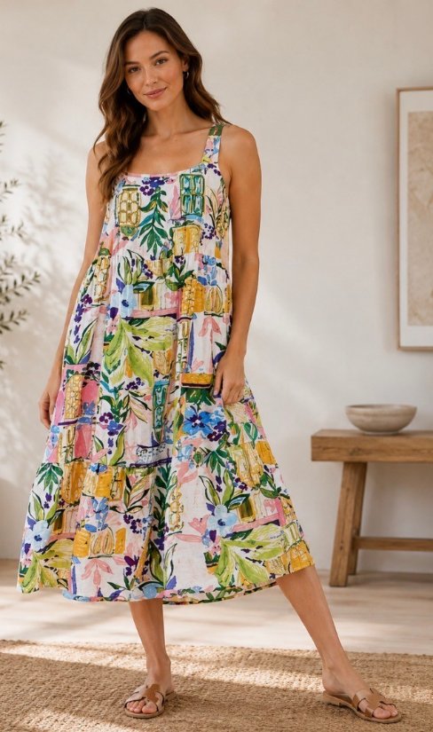 Picture of 232136D- Pre Order- Mediterranean Escape Printed Midi Dress
